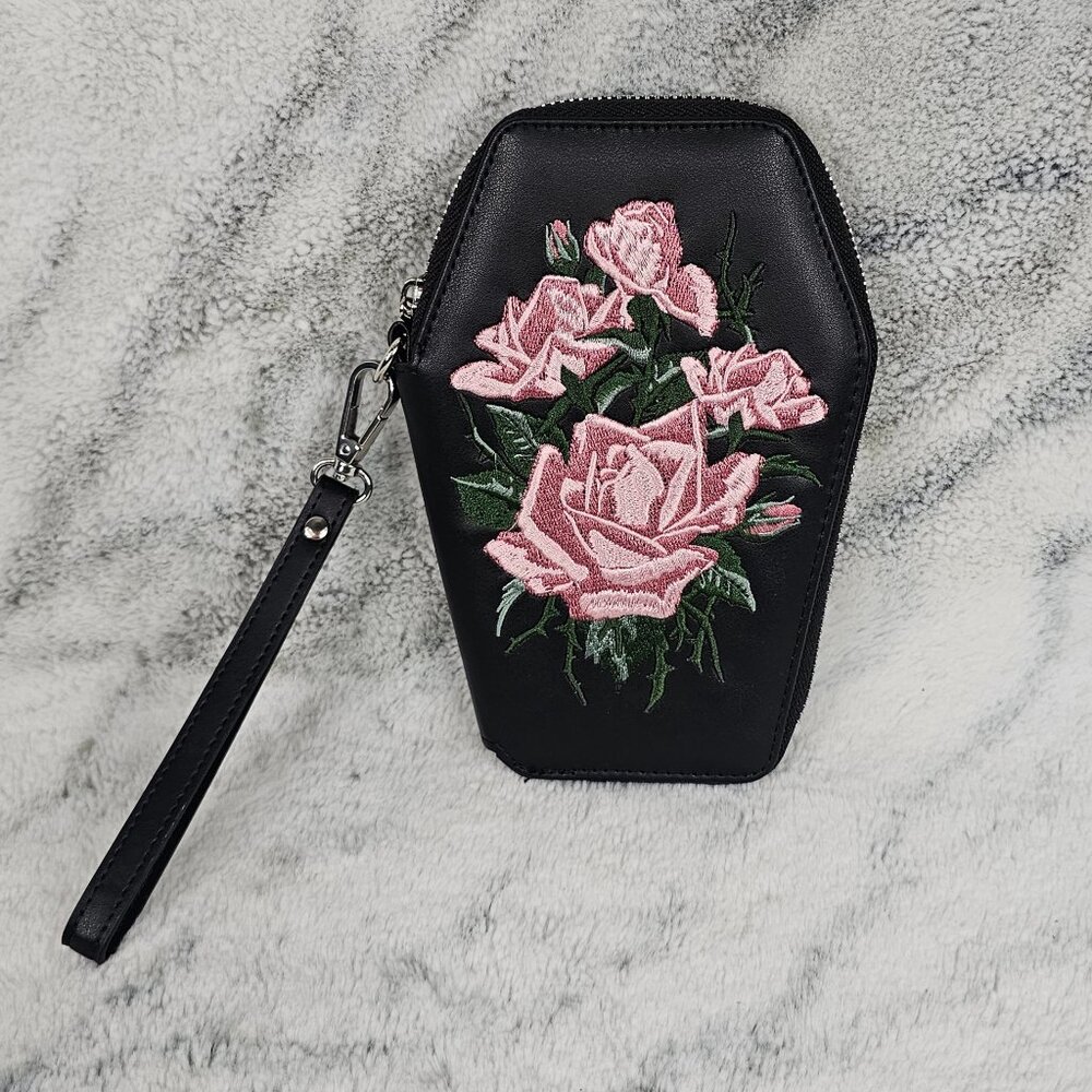 Dolls Kill Widow Coffin Shaped Embroidered Rose Zippered Clutch Strap Wallet